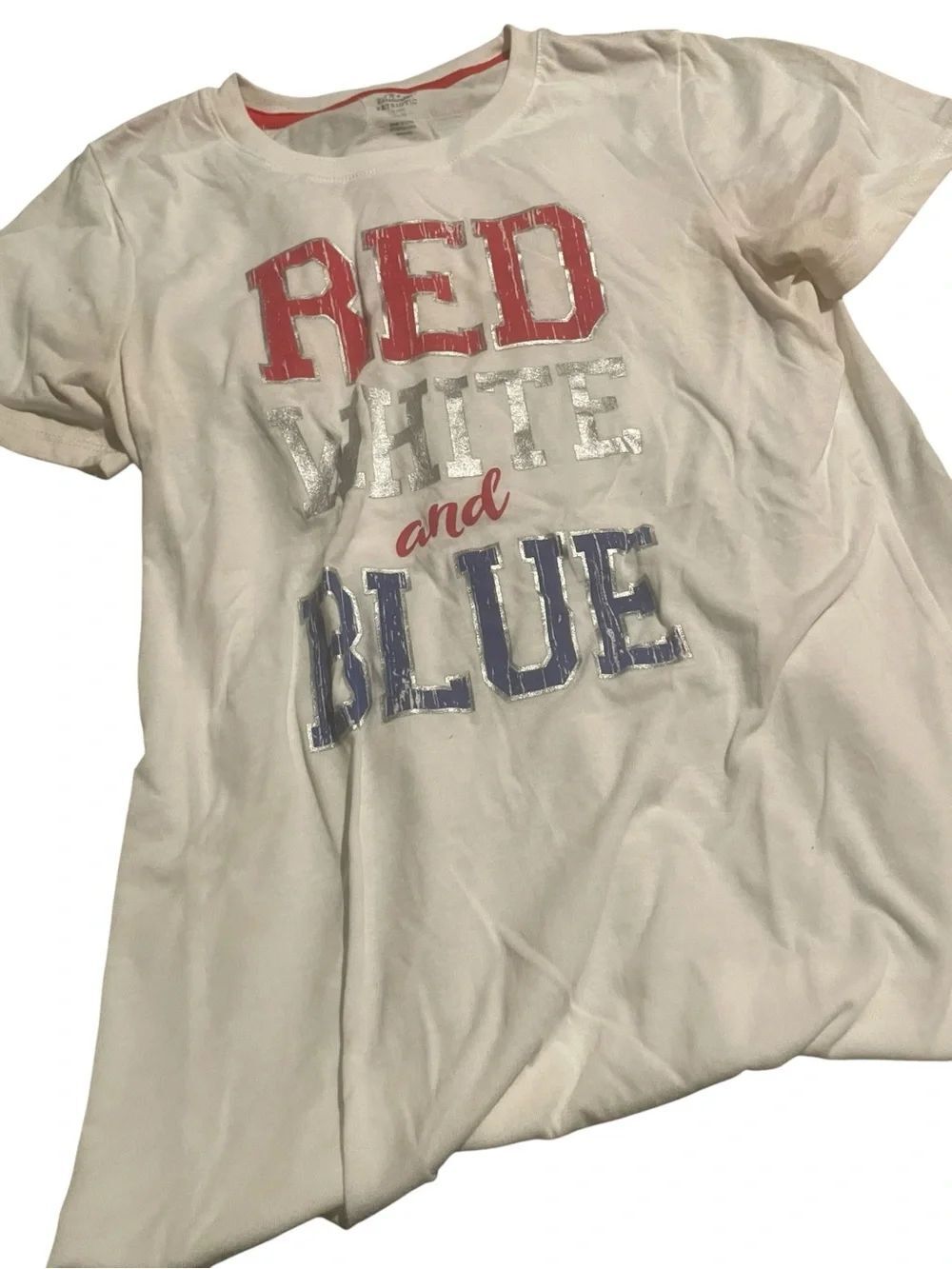 Celebrate patriotic size small White Graphic Tee with Red and Blue Lettering